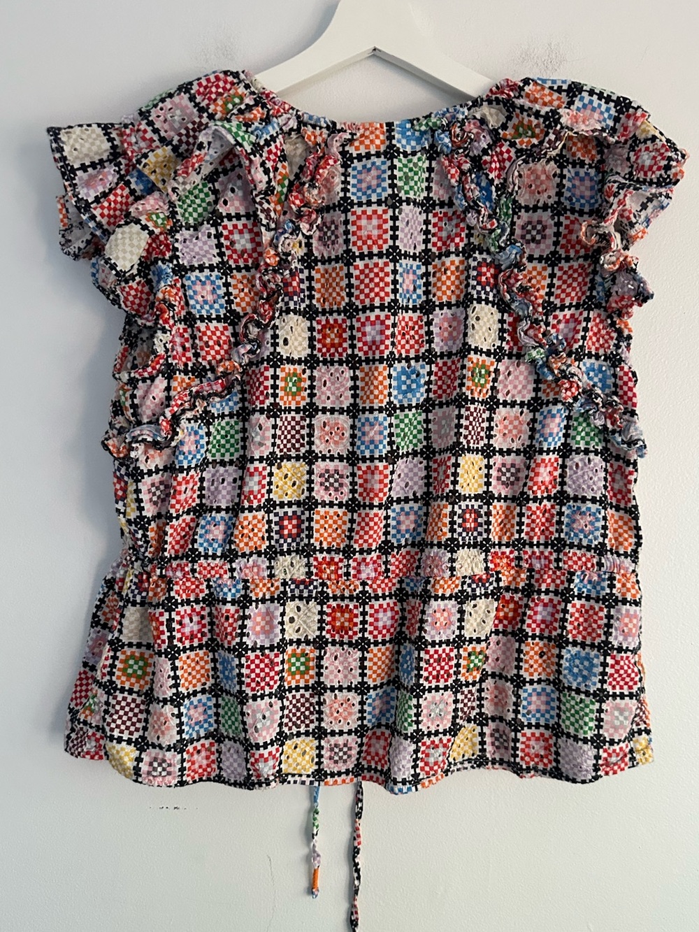 Maeve Anthropologie 100% Cotton Multicolor Crochet-Print Ruffle Tie Blouse Large - Picture 3 of 8